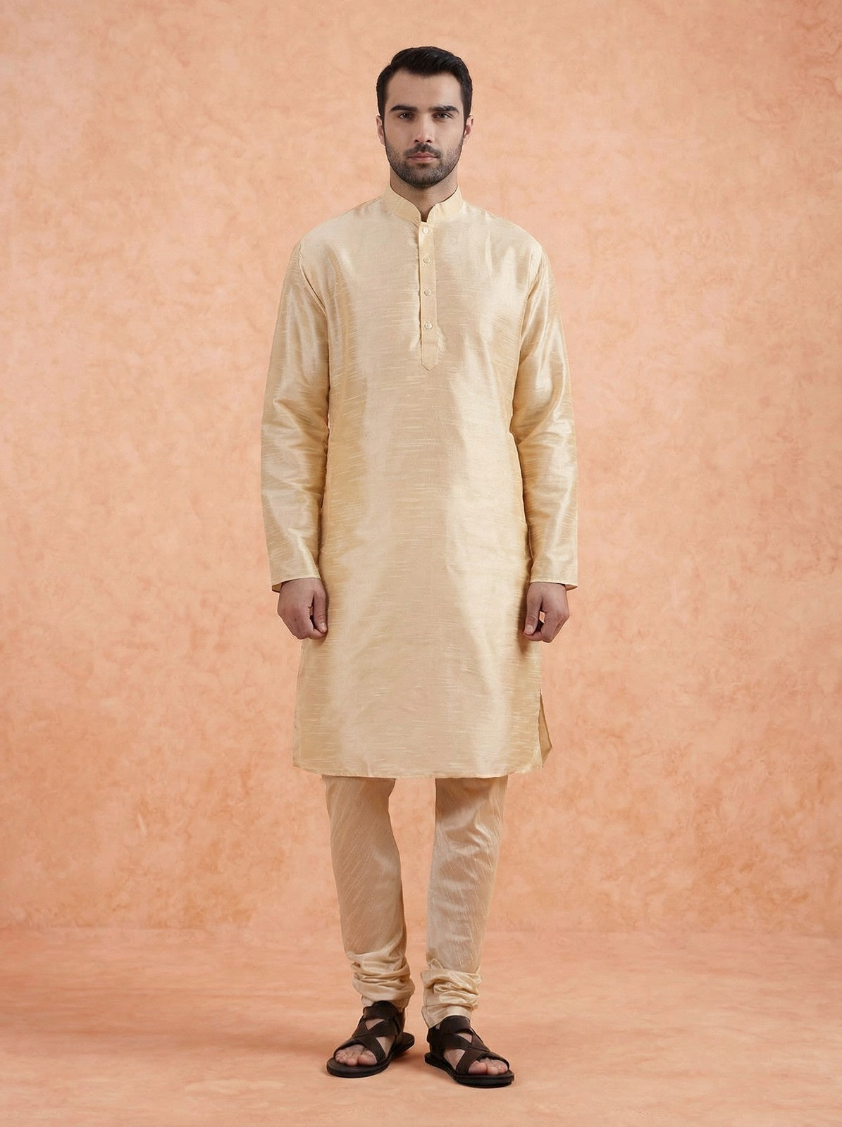 Cream Solid Silk Blend Kurta