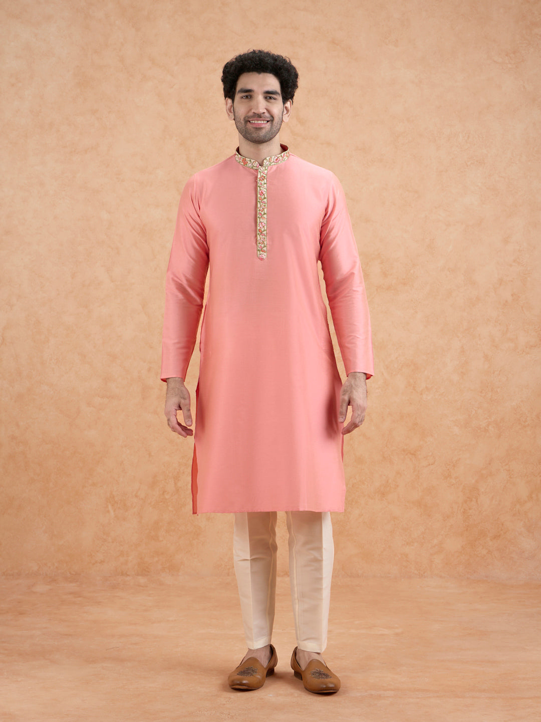 Pink Kurta with Embroidered Neckline