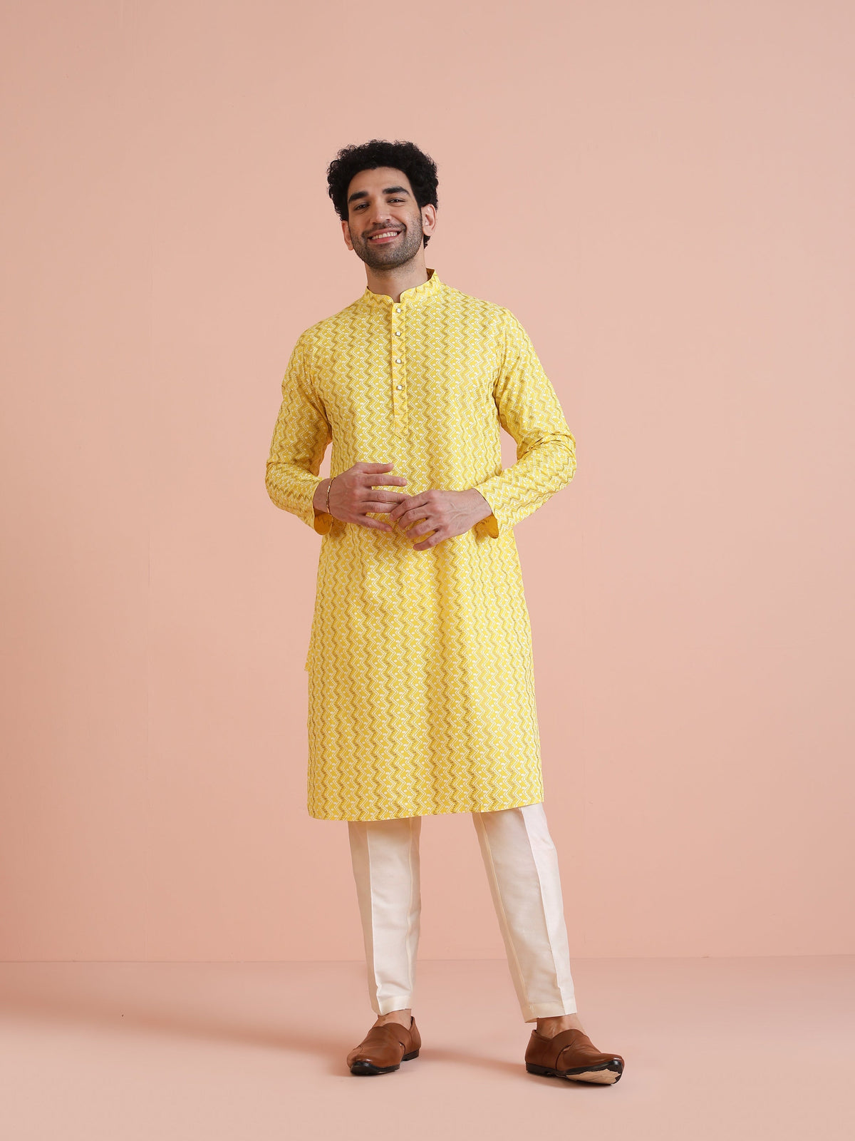 Yellow Silk Blend Kurta with Geometric Woven Pattern