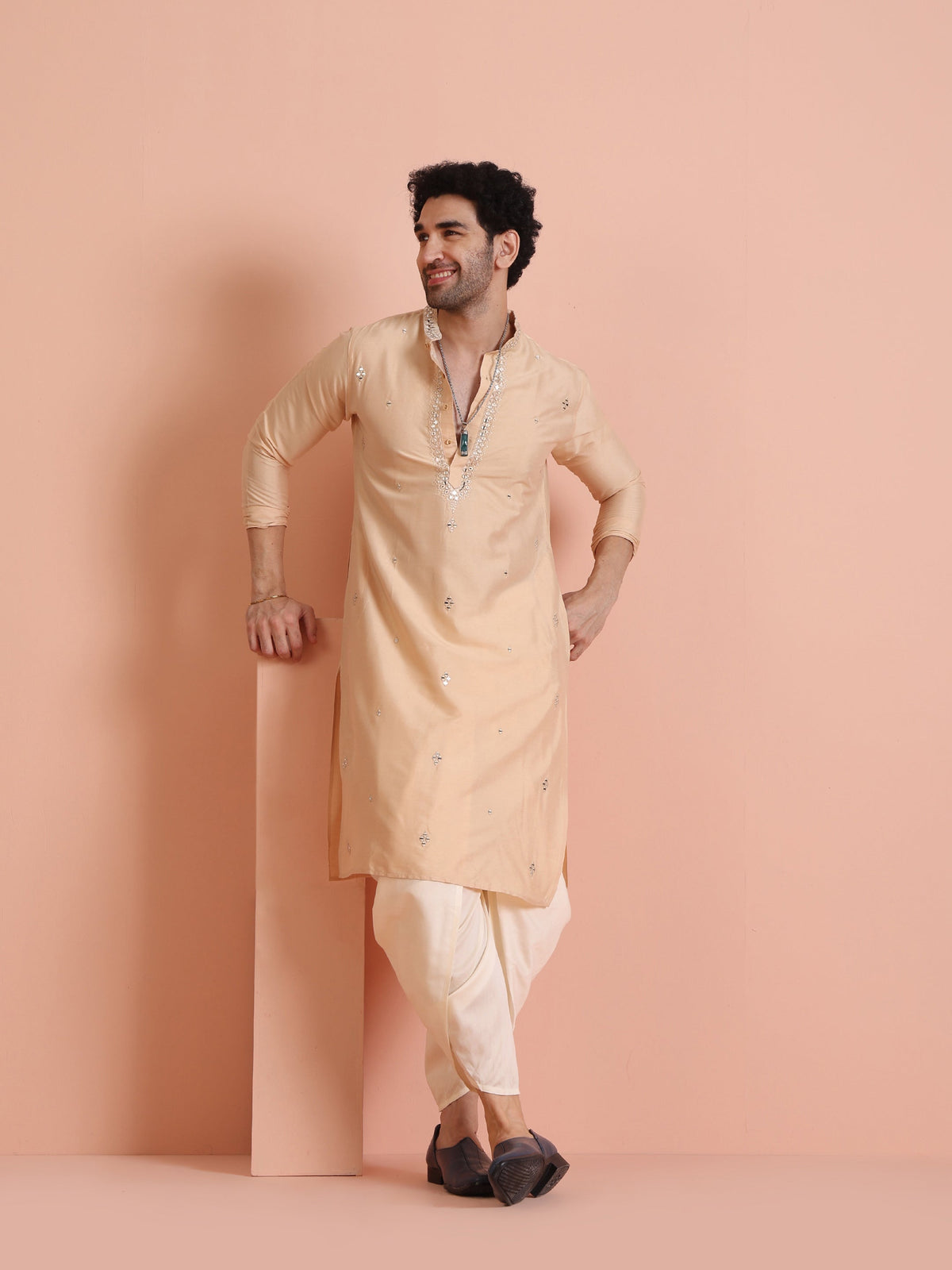 Beige Cotton Blend Mirror Work Long Kurta