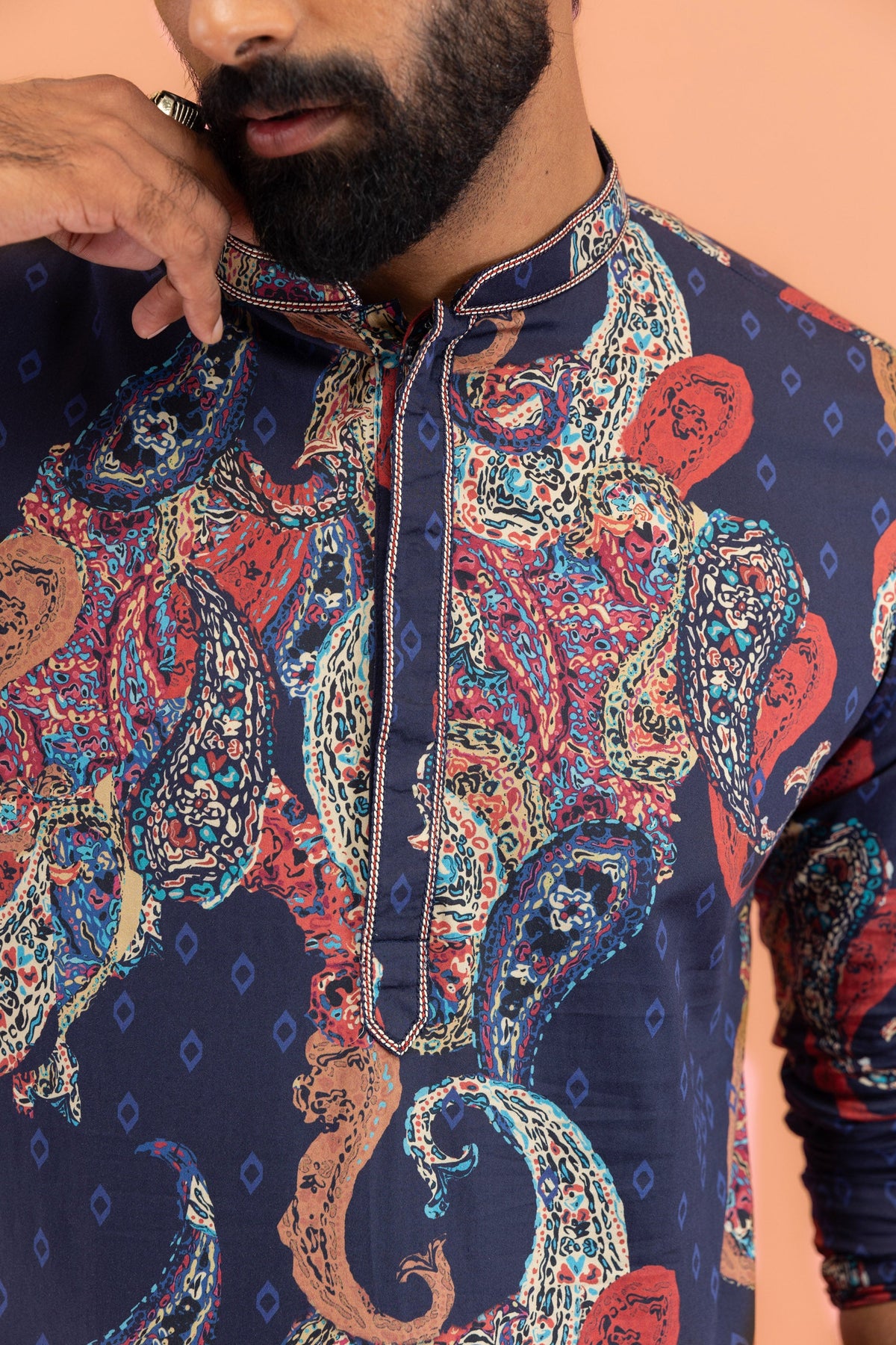 Navy Blue Silk Blend Kurta with Multicolor Paisley Prints