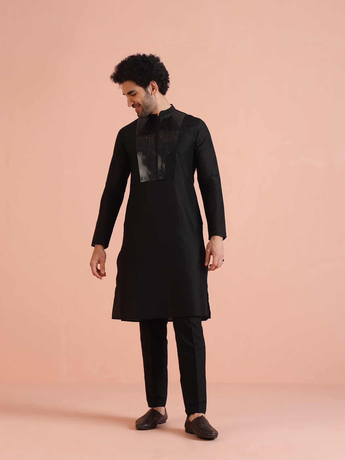 Men Black Tape Work Embellished Kurta