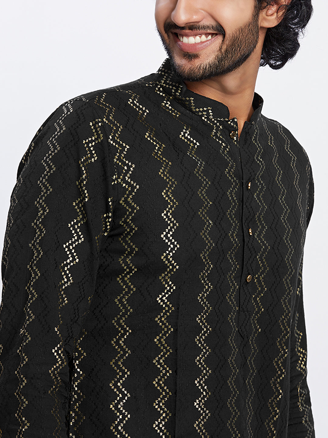 Black Cotton Metallic Printed Long Kurta
