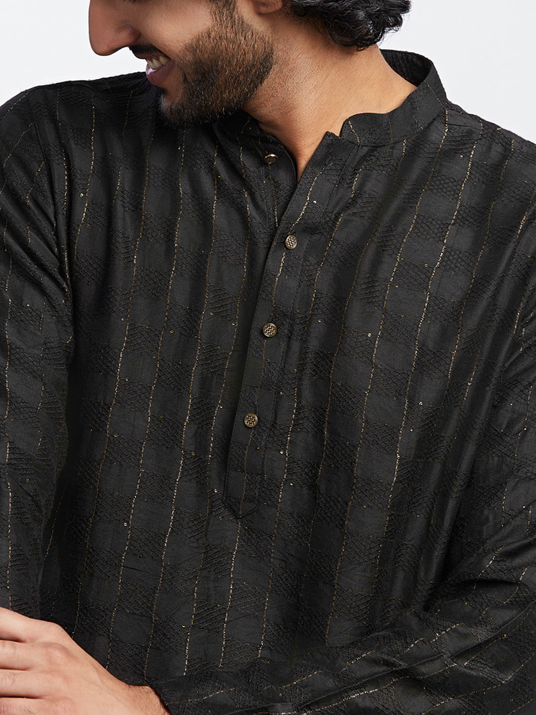 Black Cotton Silk Metallic Striped Long Kurta