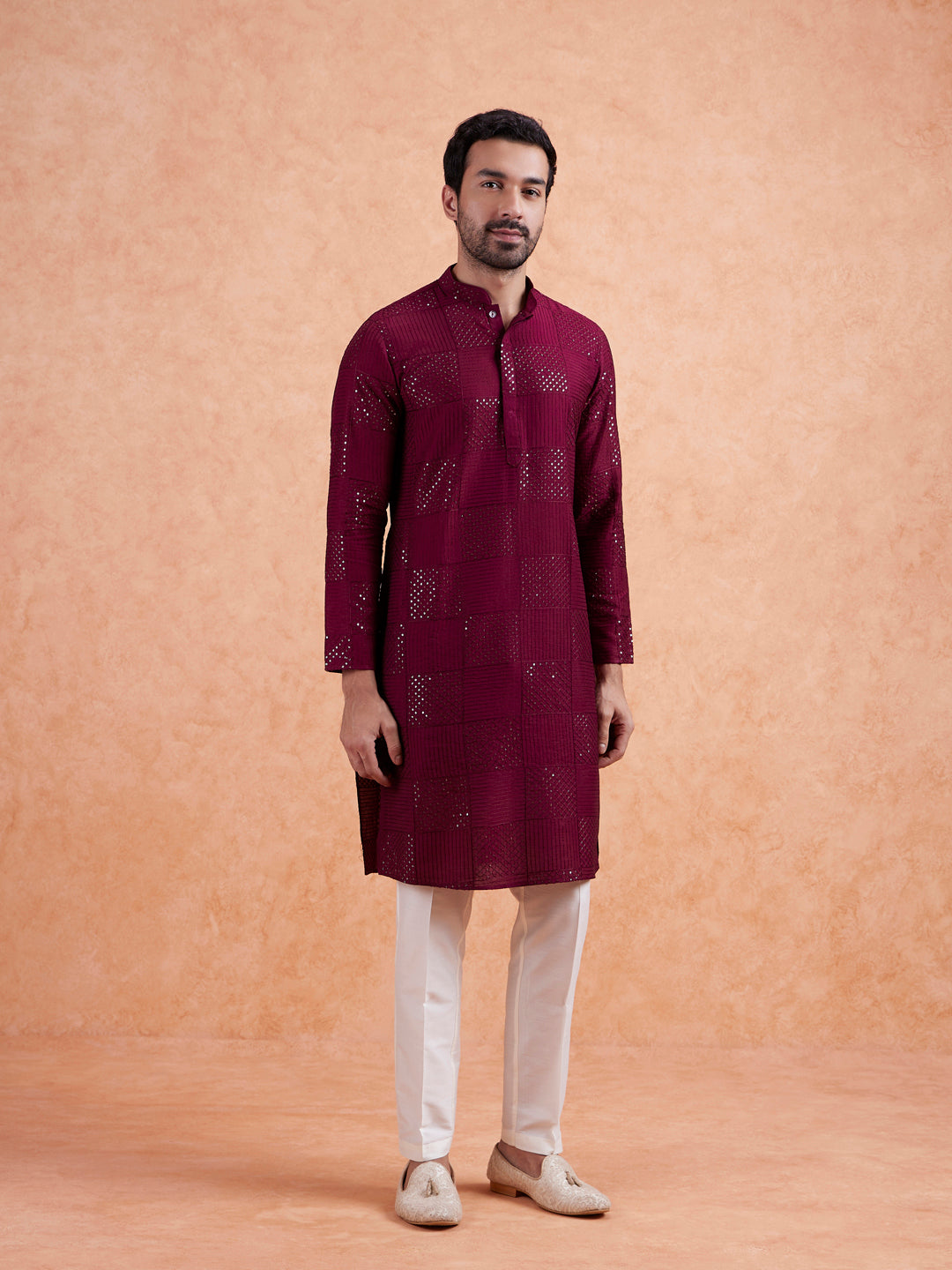 Maroon Cotton Geometric Embroidery Long Kurta