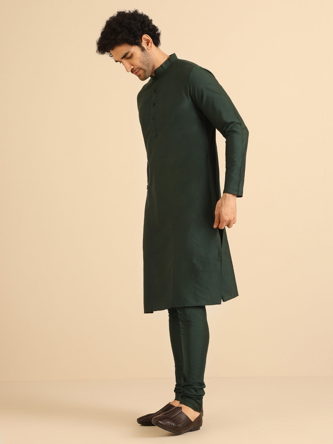 Green Silk Blend Solid Long Kurta