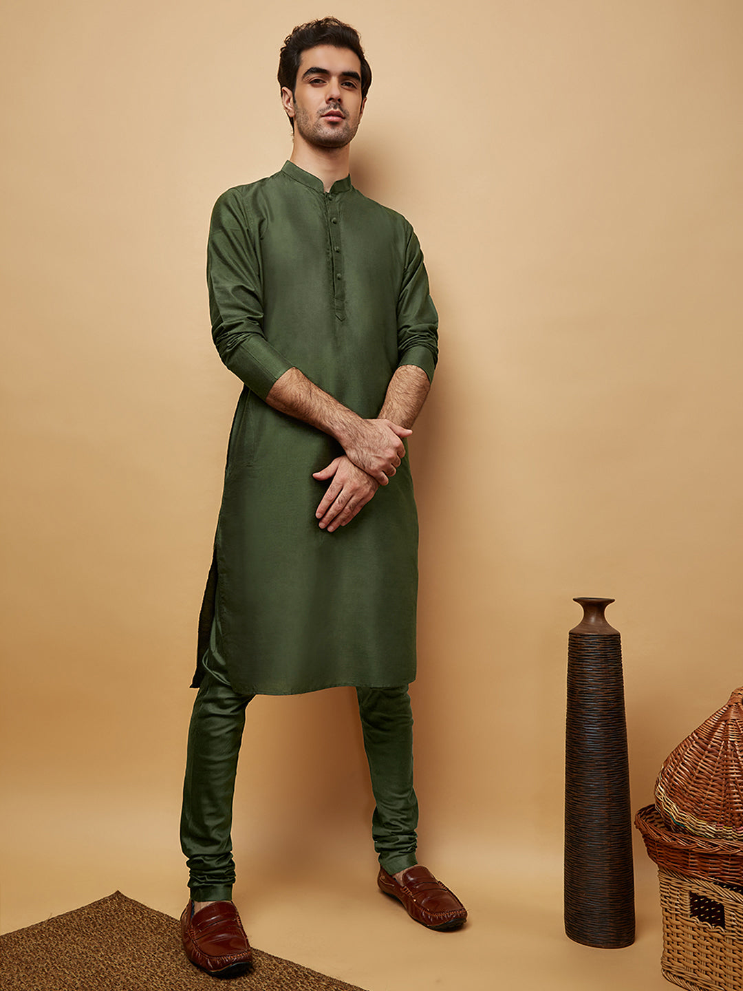 Green Silk Blend Solid Long Kurta