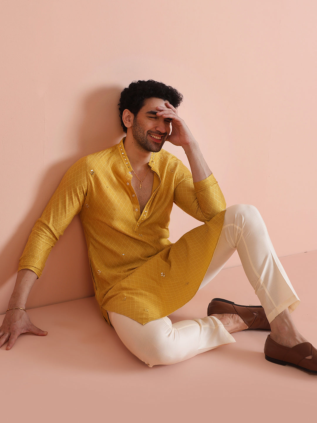 Golden Yellow Silk Mirror Work Kurta