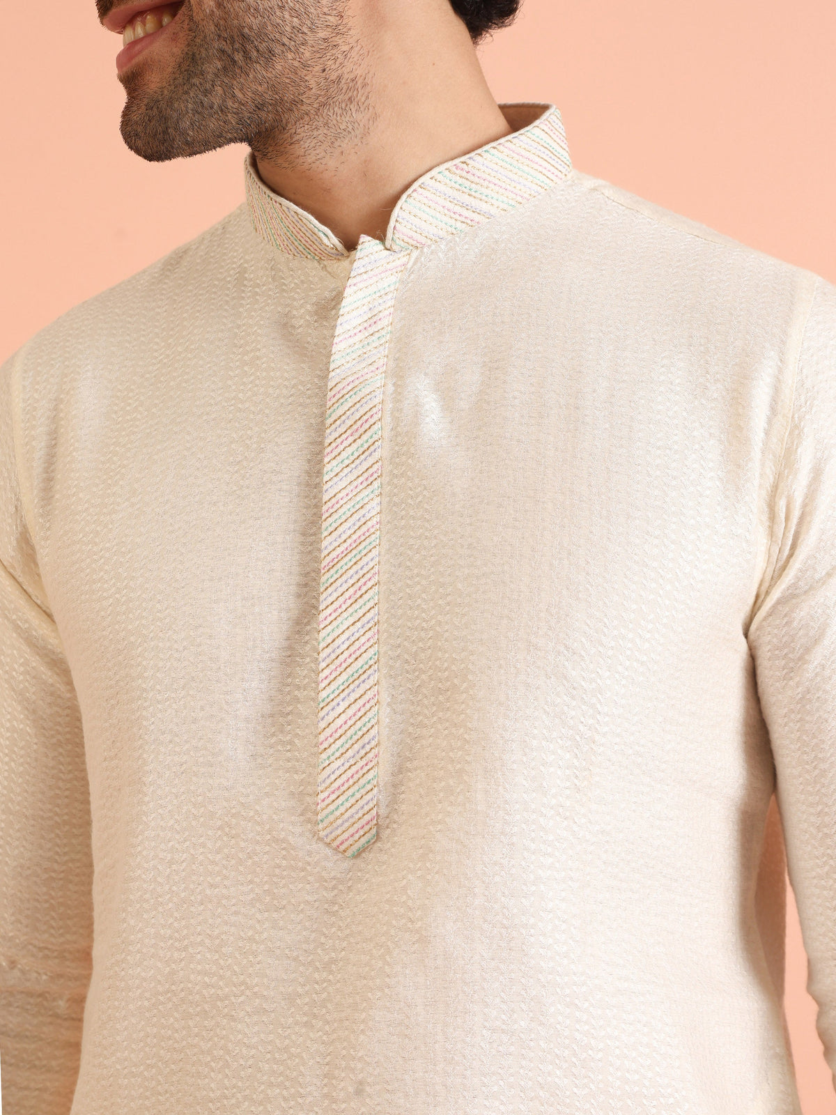 Cream Silk Blend Textured Kurta with Mandarin Collar