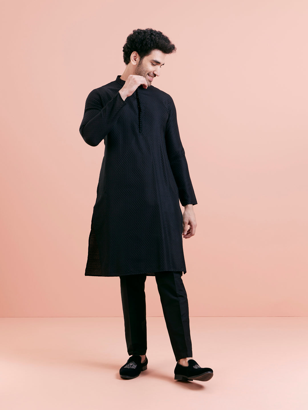 Black Cotton Self Textured Long Kurta