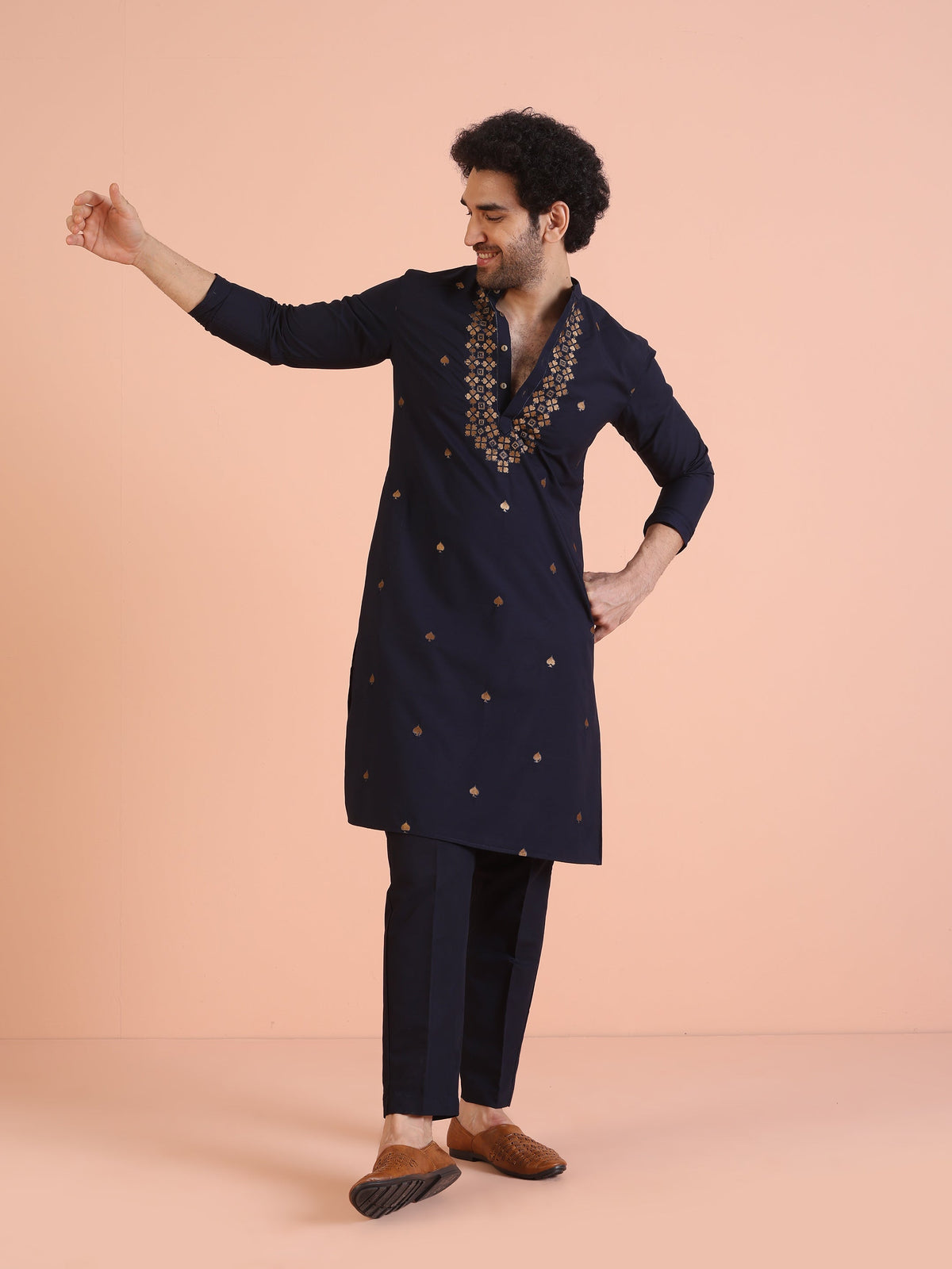 Navy Blue Cotton Silk Embroidered Long Kurta