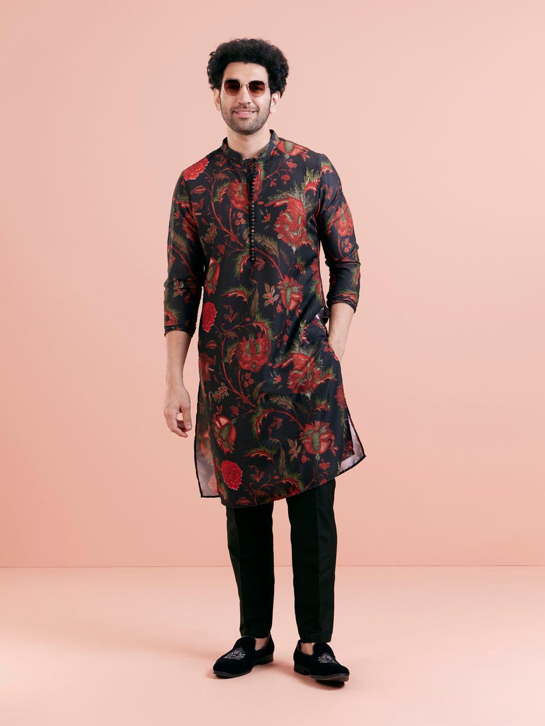 Black Silk Blend Kurta with Red and Green Floral Prints