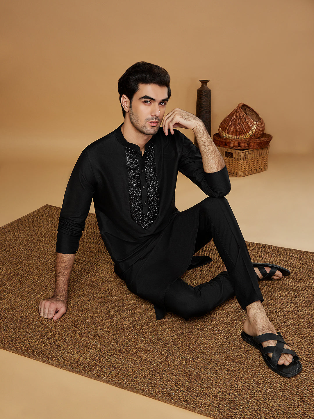 Black Embroidered Silk Blend Kurta