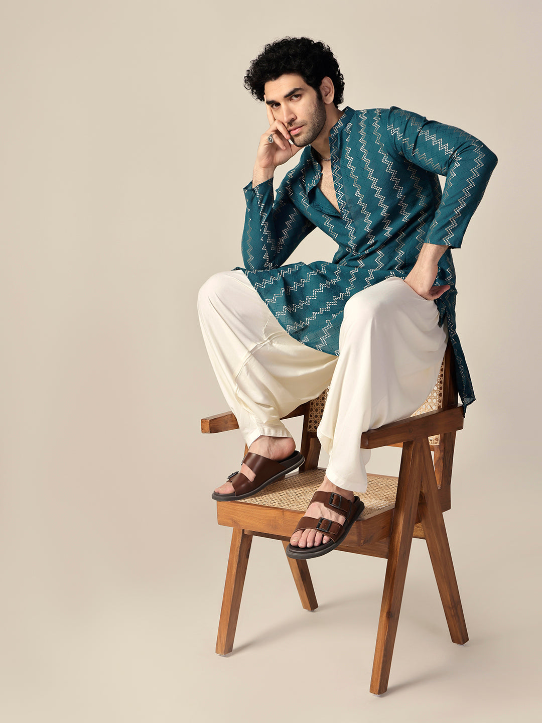 Teal Green Art Silk Geometric Long Kurta
