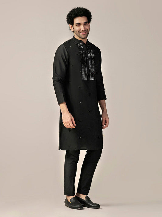 Black Silk Blend Mirror Work Kurta