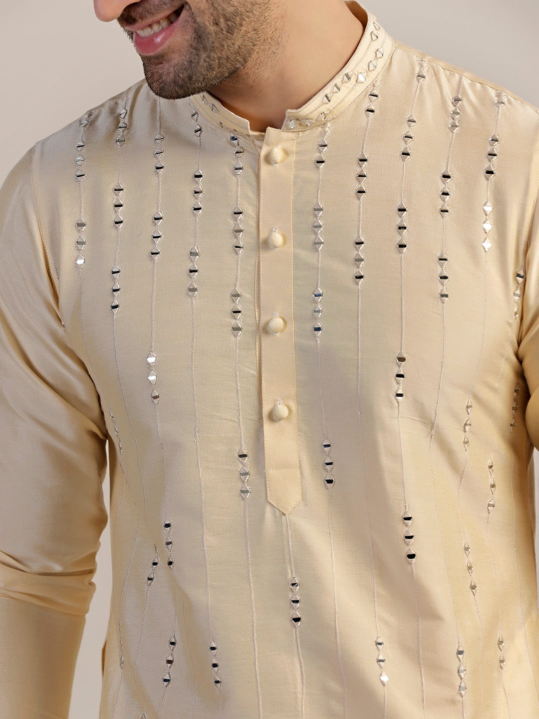 Cream Silk Blend Sequinned Kurta
