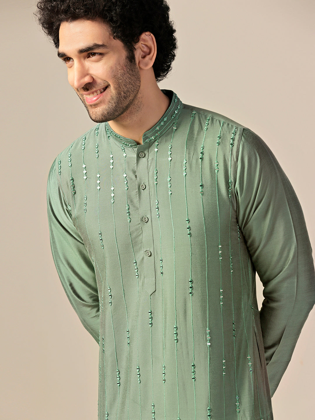 Green Silk Blend Mirror Work Long Kurta