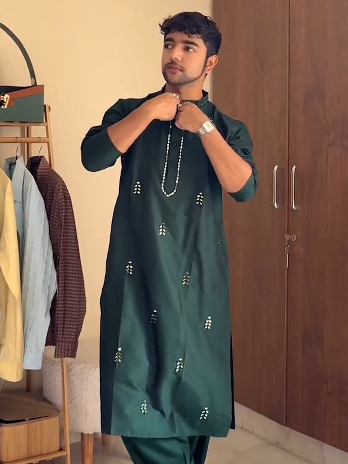 Dark Green Silk Blend Mirror Work Kurta