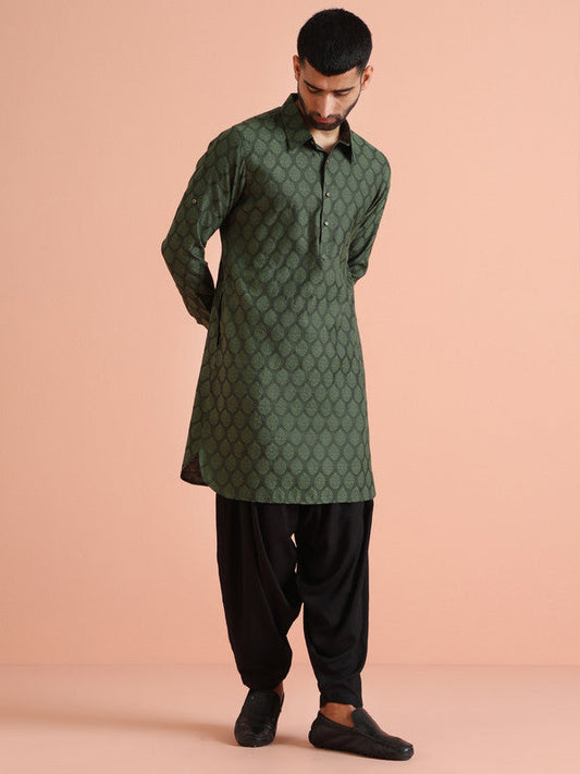 Green Silk Blend Jacquard Pathani Kurta