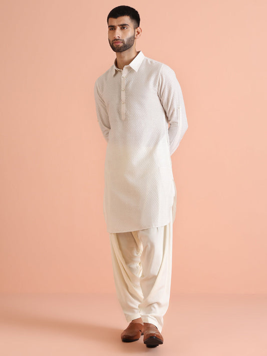Cream Jacquard Textured Pathani Kurta