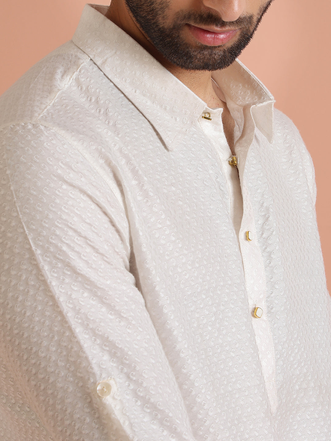 Cream Jacquard Textured Pathani Kurta