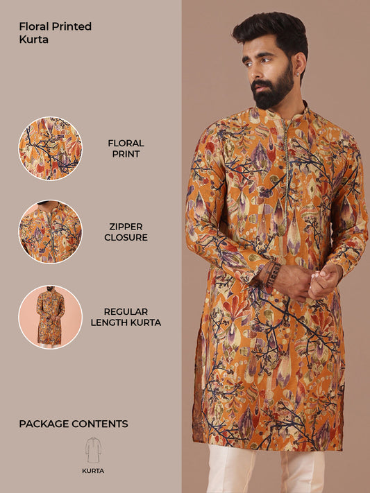 Orange Printed Silk Blend Long Kurta
