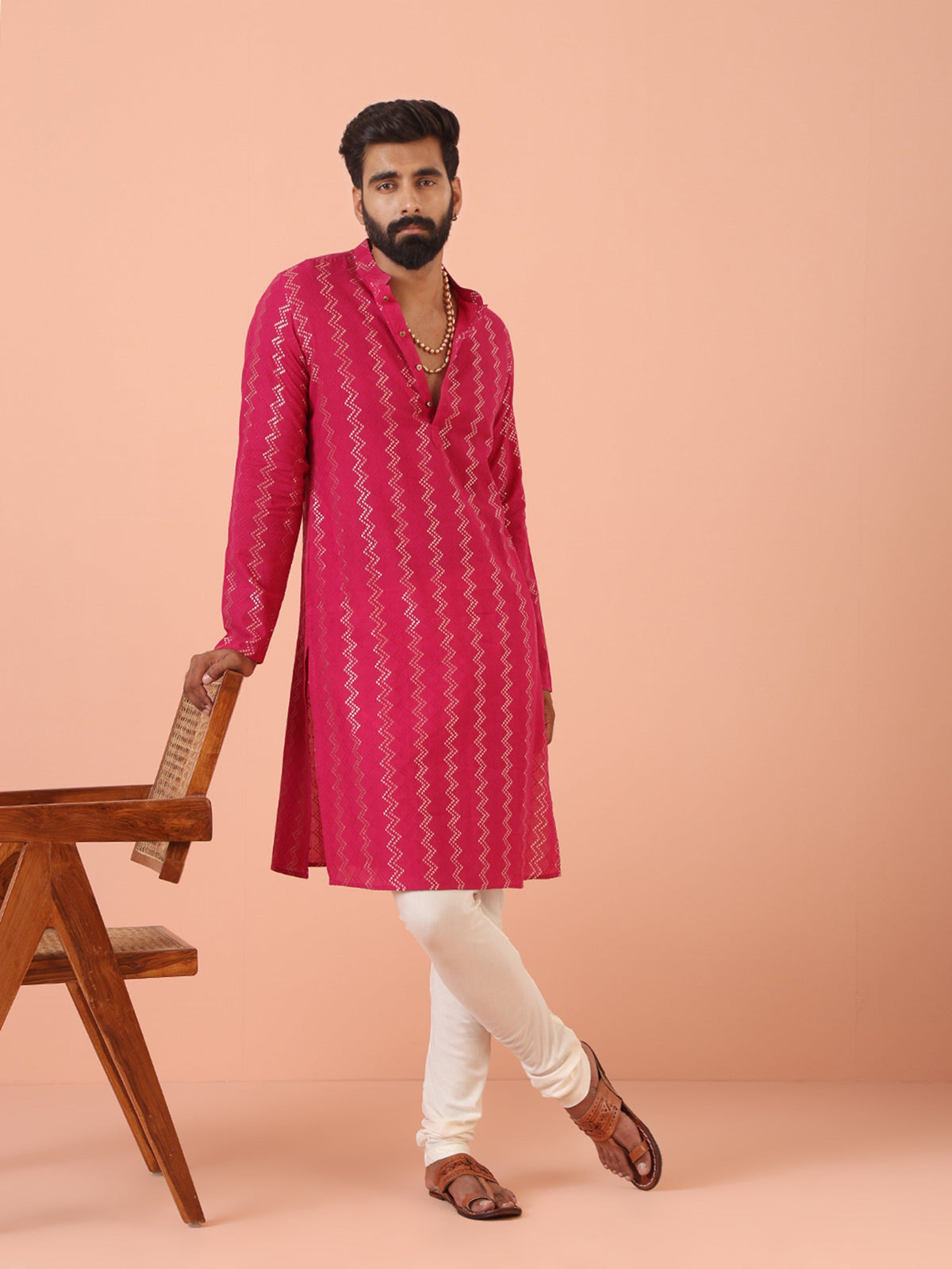 Pink Silk Blend Kurta with Metallic Jacquard Weave and Mandarin Collar