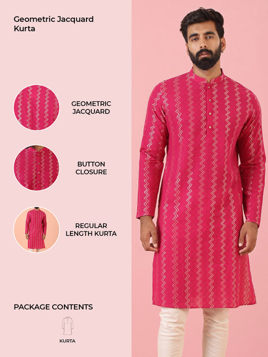 Pink Silk Blend Kurta with Metallic Jacquard Weave and Mandarin Collar