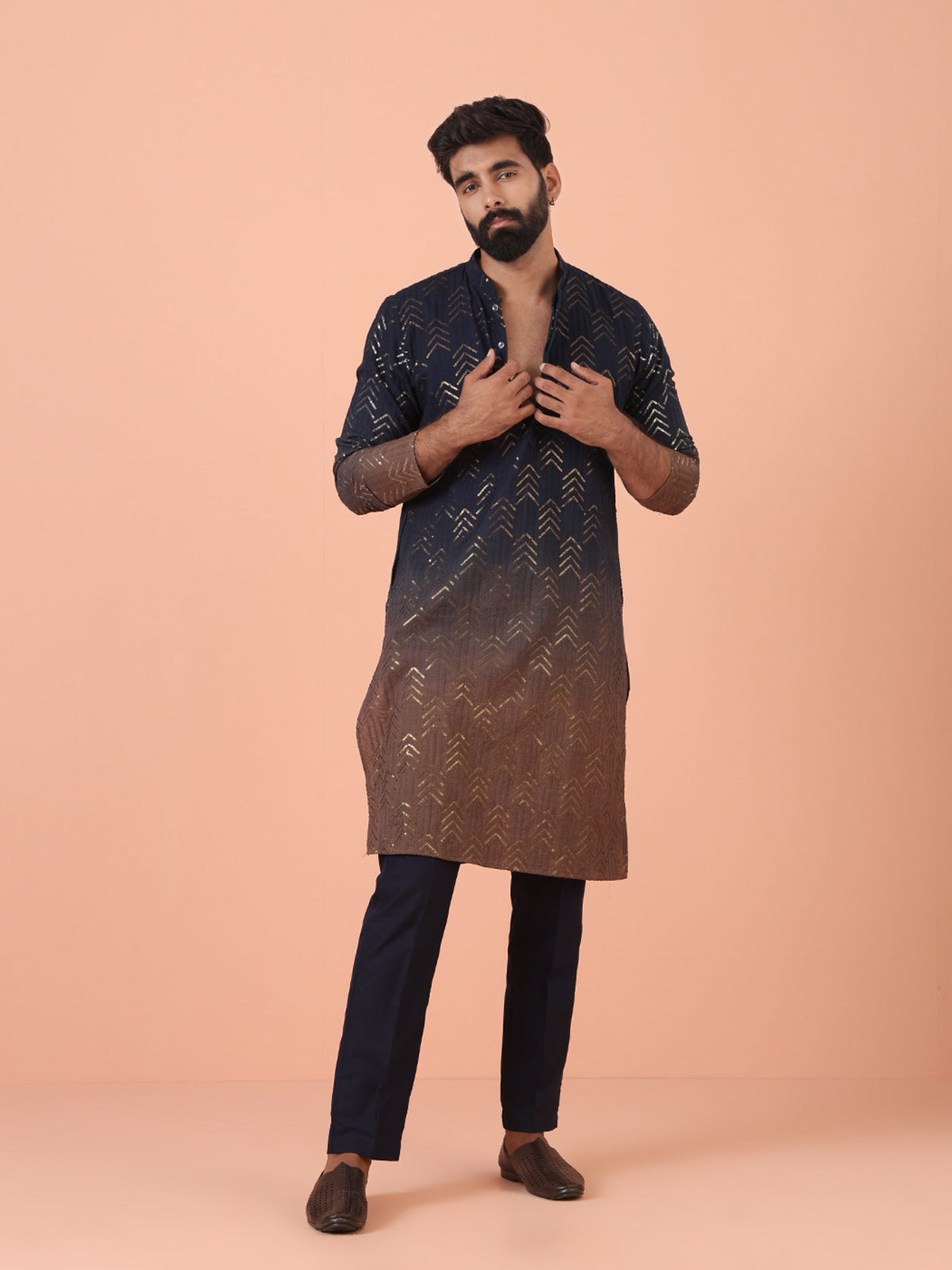 Navy Ombre Golden Print Silk Kurta