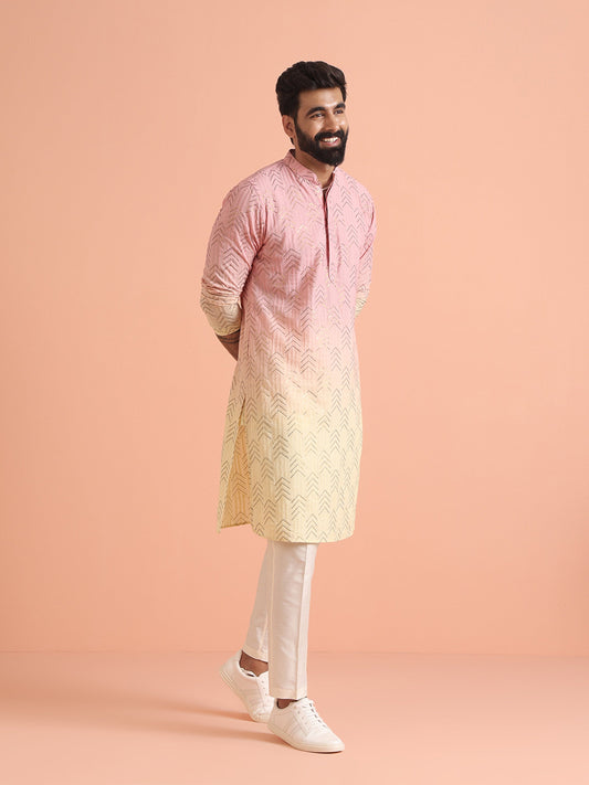 Pink to Cream Ombre Kurta with Geometric Print