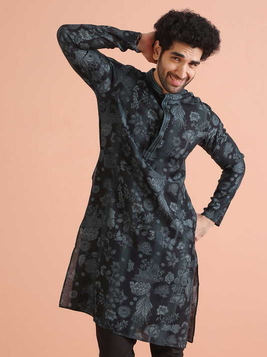 Black Floral Jacquard Silk Blend Kurta