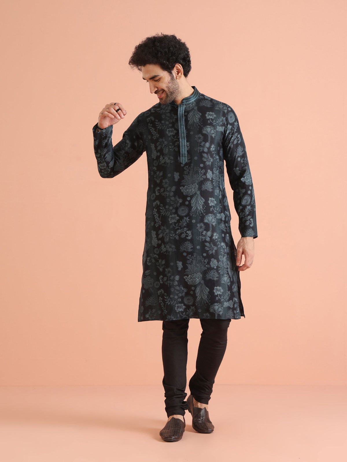 Black Floral Jacquard Silk Blend Kurta