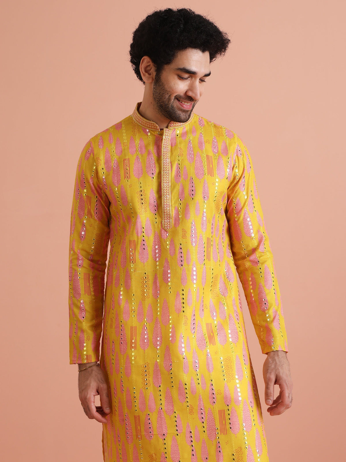 Yellow Printed Mirror Work Kurta