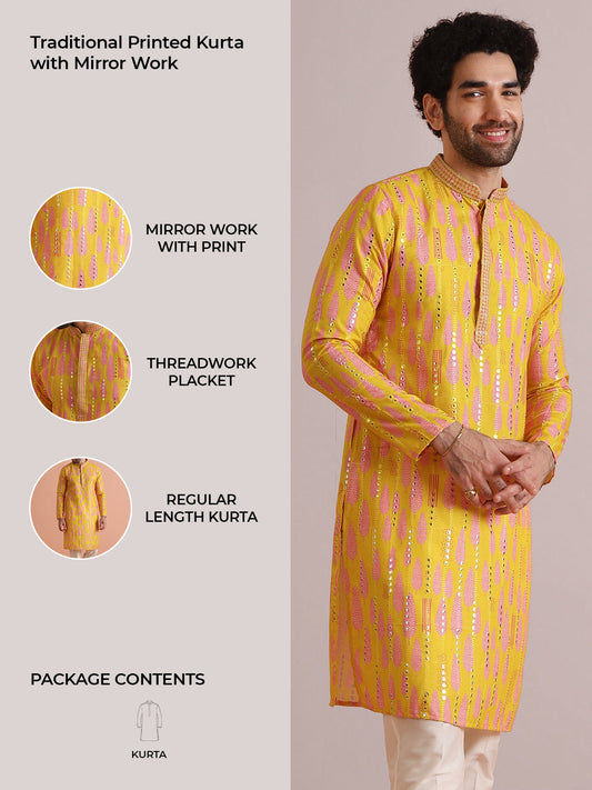 Yellow Printed Mirror Work Kurta