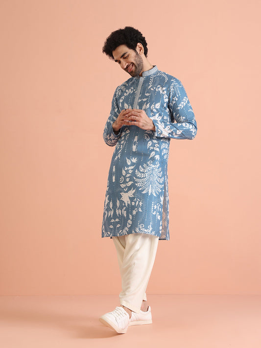 Blue Art Silk Mirror Work Printed Kurta