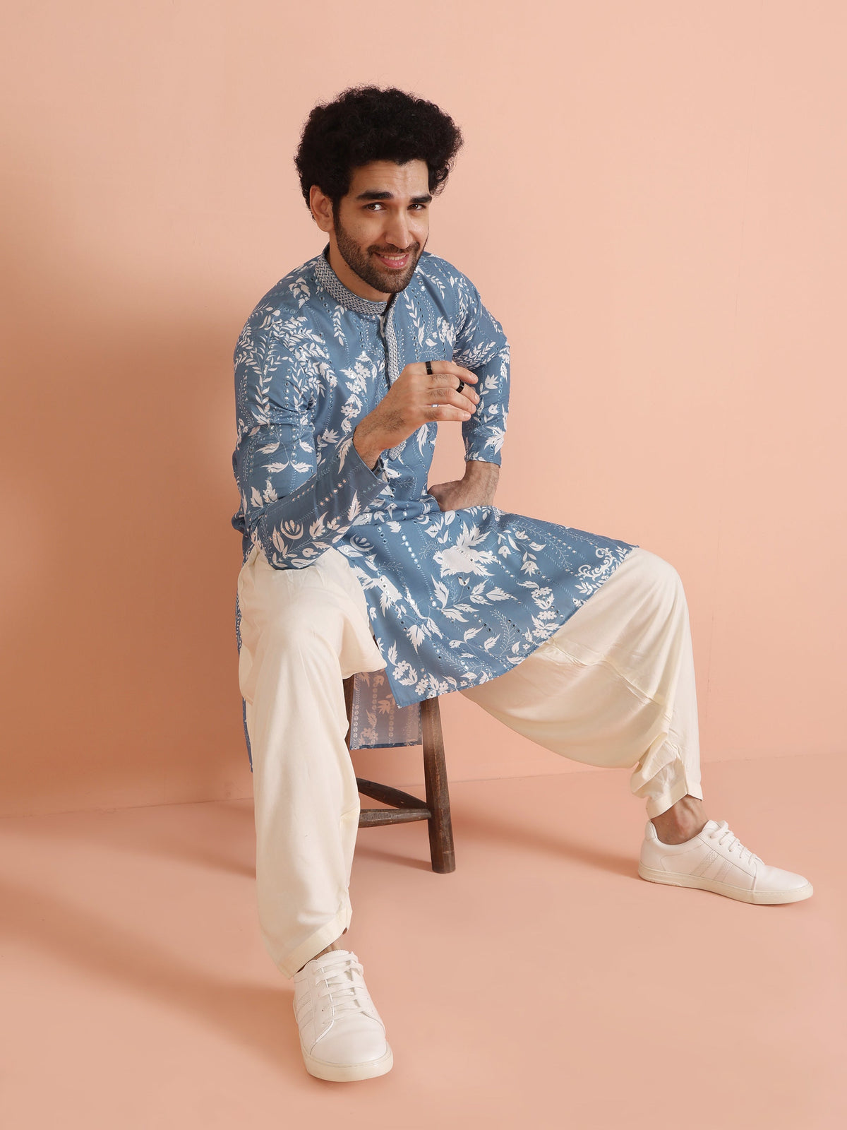 Blue Art Silk Mirror Work Printed Kurta