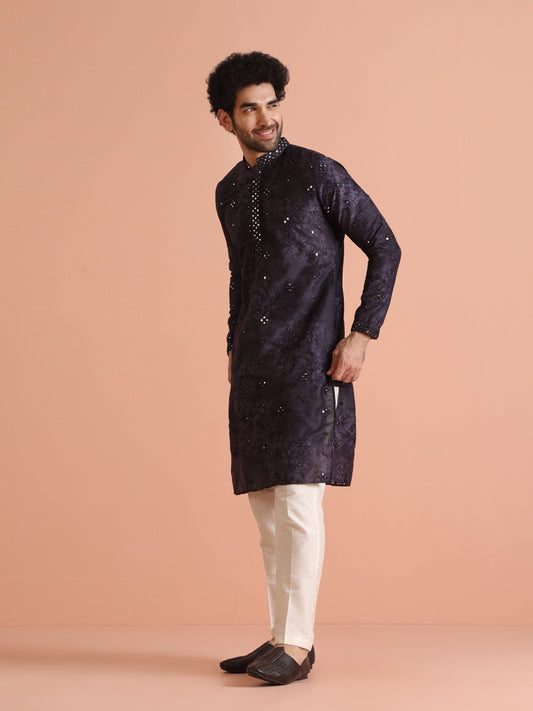 Purple Mirror Work Silk Blend Kurta