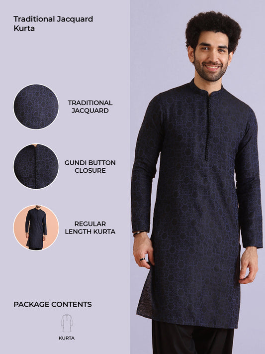 Navy Blue Jacquard Textured Kurta