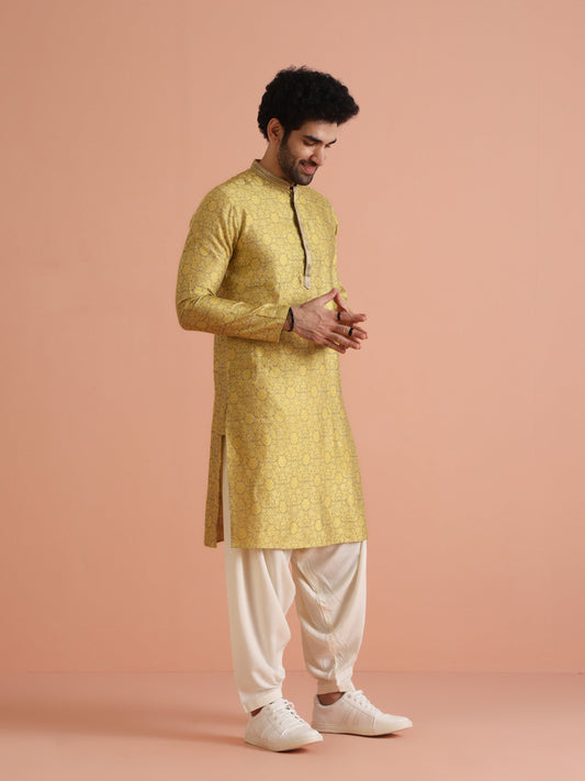 Yellow Jacquard Woven Silk Blend Kurta