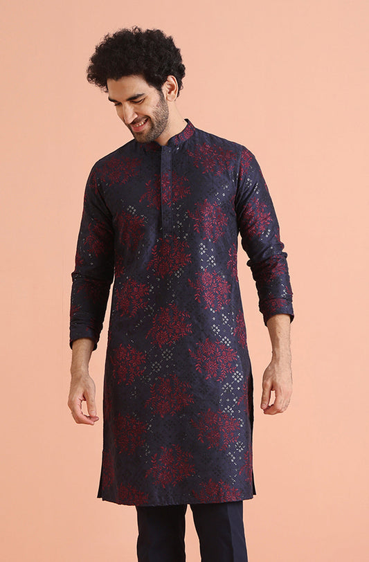 Mens Navy Blue Embroidered Kurta