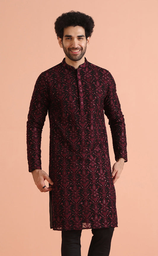Black & Maroon Embroidered Kurta – Festive & Wedding Wear