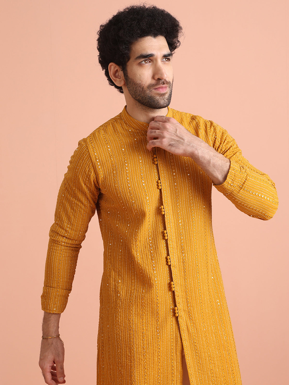 Mustard Mirror Work Kurta – Festive & Wedding Wear
