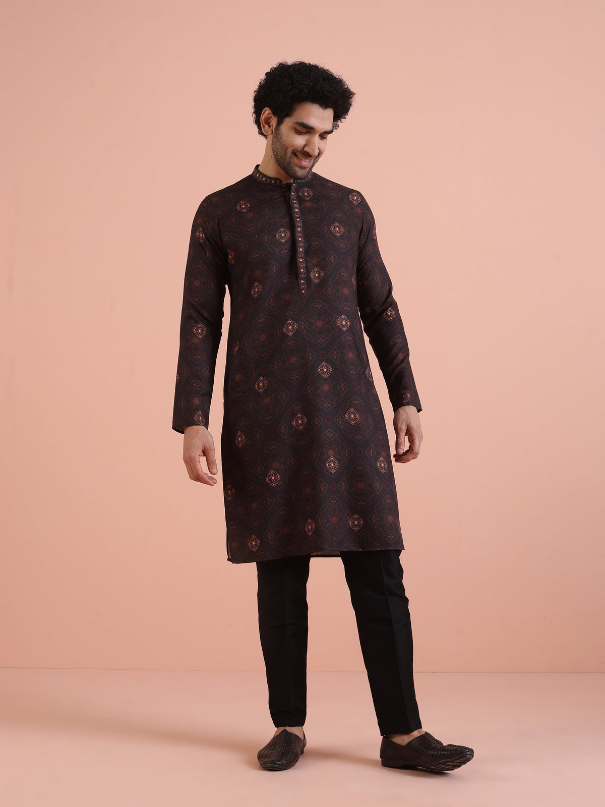 Men Black Printed Geometric Kurta