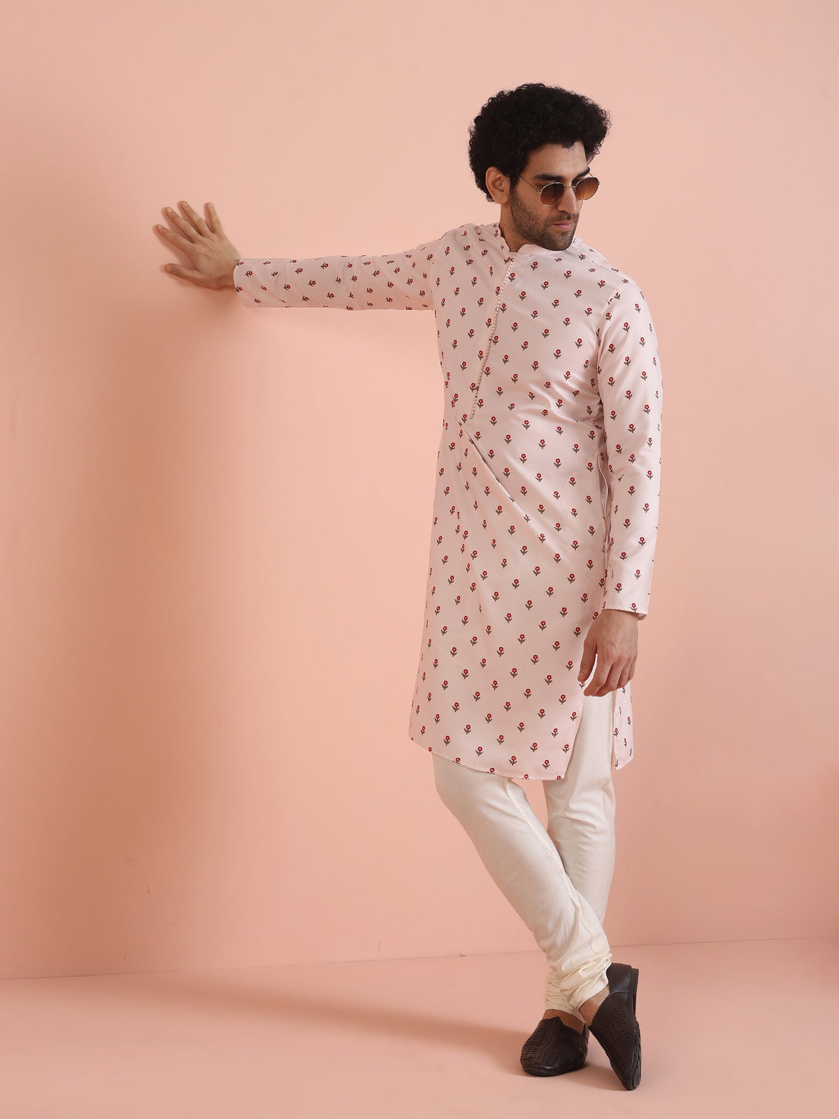 Men White Printed Floral Kurta