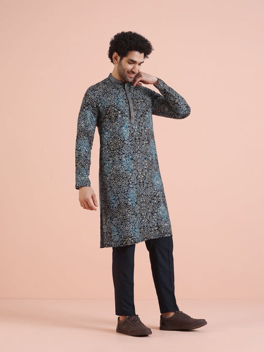 Black Printed Motif Silk Blend Kurta