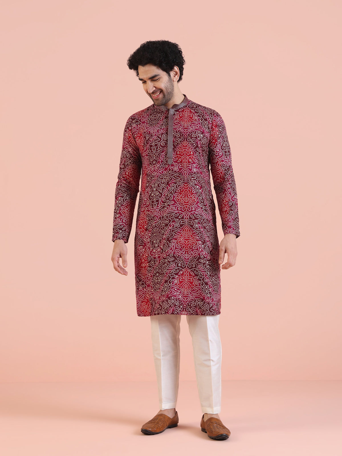 Red Cotton Silk Printed Kurta