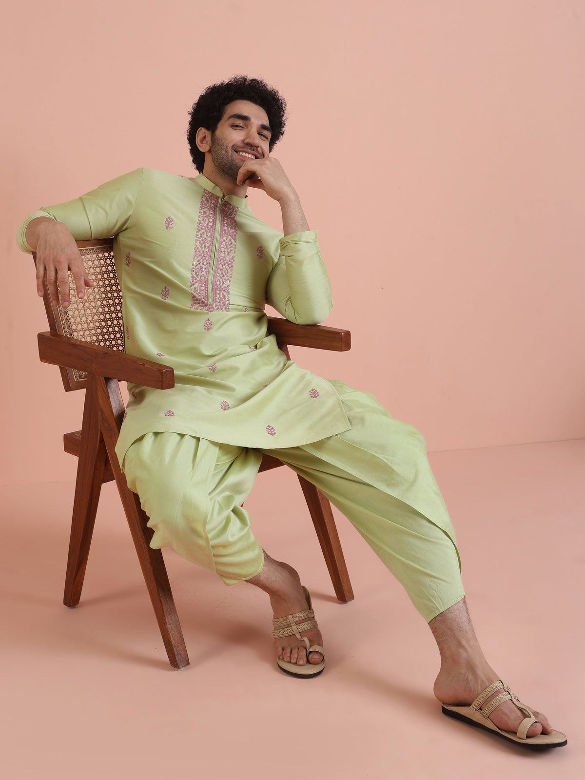 Men Green Embroidered Ethnic Motifs Kurta
