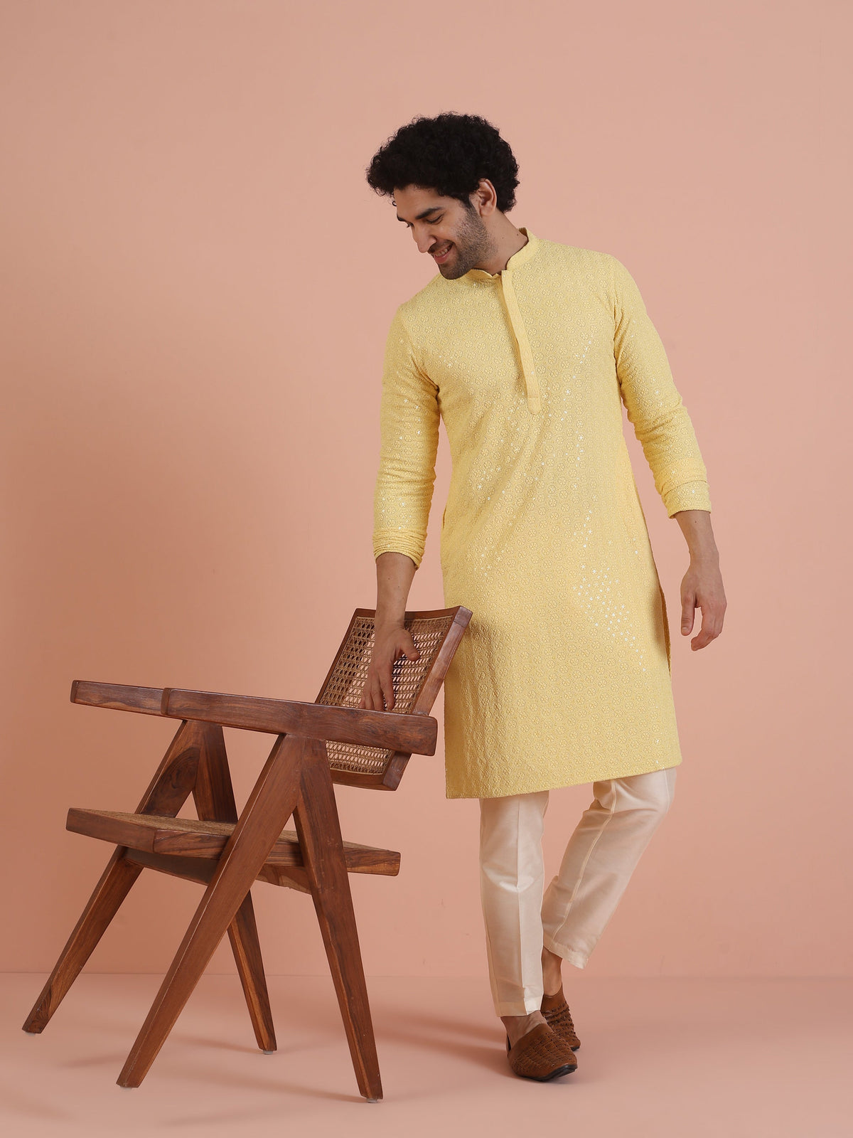 Men Yellow Embroidered Thread Work Kurta