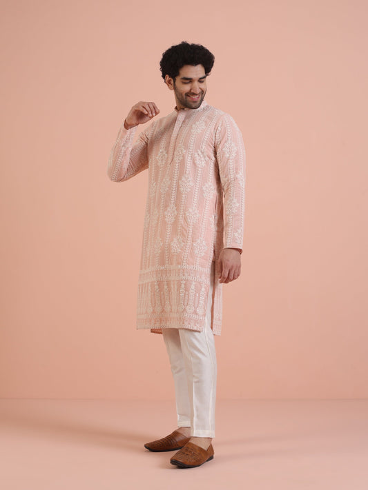 Men Pink Embroidered Chikankari Kurta