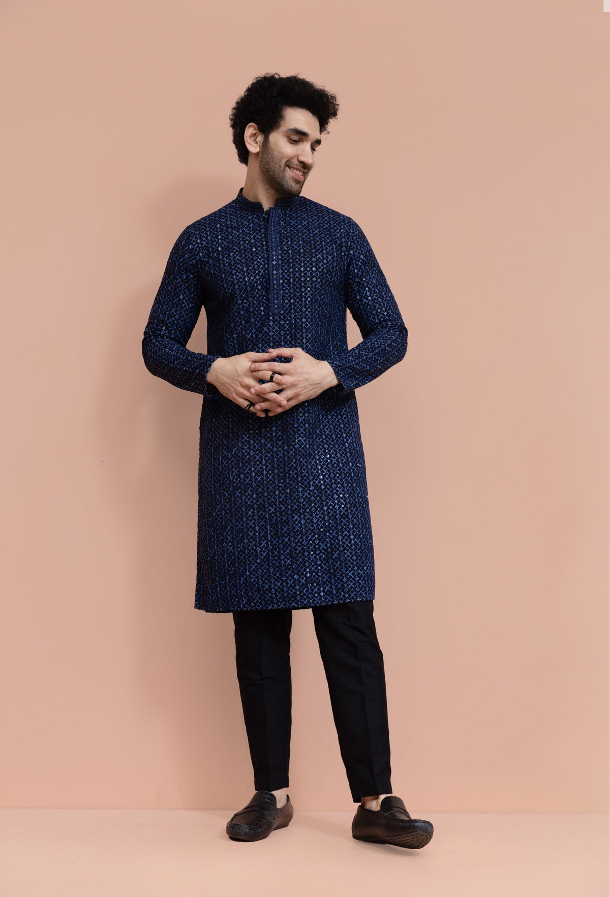 Men Blue Geometric Heavy Thread Work Kurta